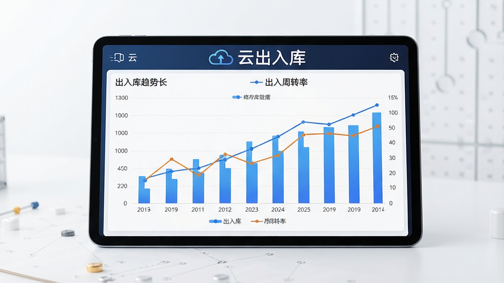 一张云出入库数据报表的展示图片,主体为平板电脑屏幕上的柱状图和折线图,显示出入库趋势和库存周转率,背景简洁,布局居中,排版美观,风格商务科技感,细节清晰,画质干净,图片上带有文字“云出入库”。
