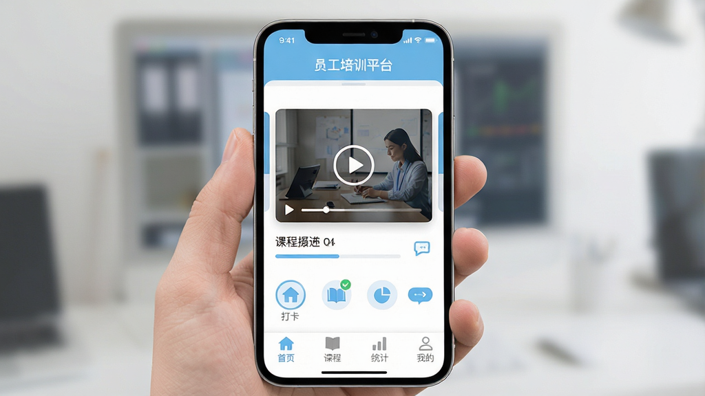 画面主体为“员工培训平台”手机App界面,采用浅蓝与白色为主色调的扁平化设计风格。界面中央展示一个带有播放按钮的课程封面图,下方清晰排列着“首页”、“课程”、“统计”和“我的”四个底部导航标签。整体布局简洁明快,细节上突出进度条和打卡图标,画质高清通透,干净无多余元素,体现专业的企业在线学习氛围。
