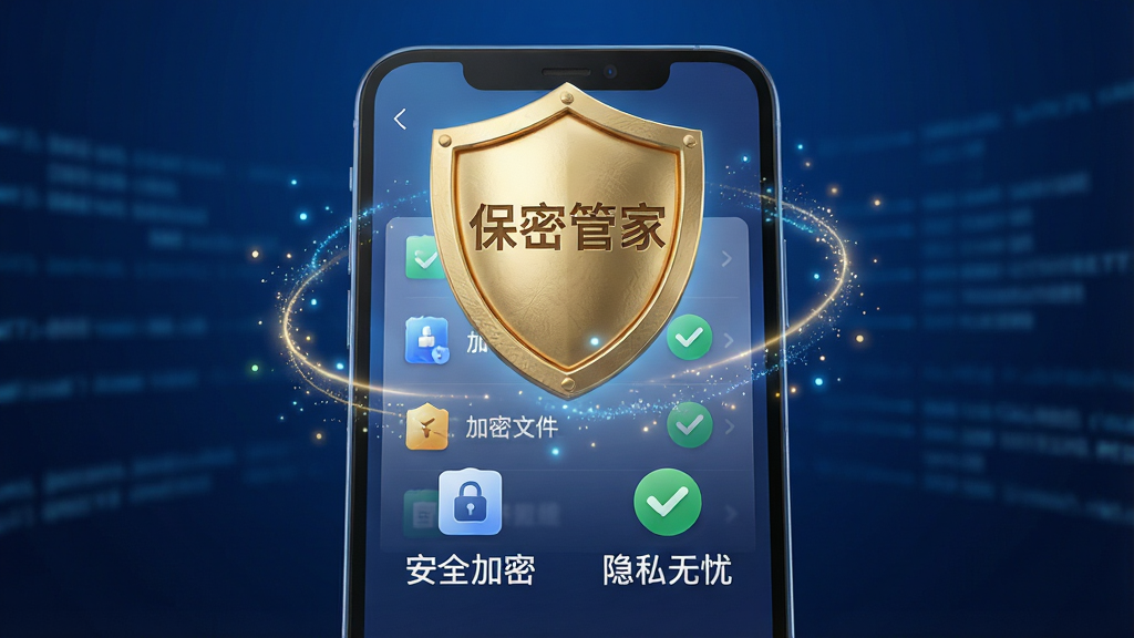 主体:一款名为“保密管家”的手机安全软件界面,居中展示,背景为深蓝色科技感渐变,中央有一个金色盾牌图标,盾牌上刻有“保密管家”四个字。布局:主视觉为手机屏幕模型,屏幕内显示加密文件列表与安全检测通过的对勾标志,周围环绕光线粒子效果。排版:界面简洁,图标下方配以“安全加密”“隐私无忧”字样,字体清晰。风格:写实3D渲染结合光影效果,突出高科技、可靠感。细节:盾牌纹理精细,屏幕边缘有细微反光,背景有模糊的数据流线条。画质:高分辨率,干净,无多余元素。