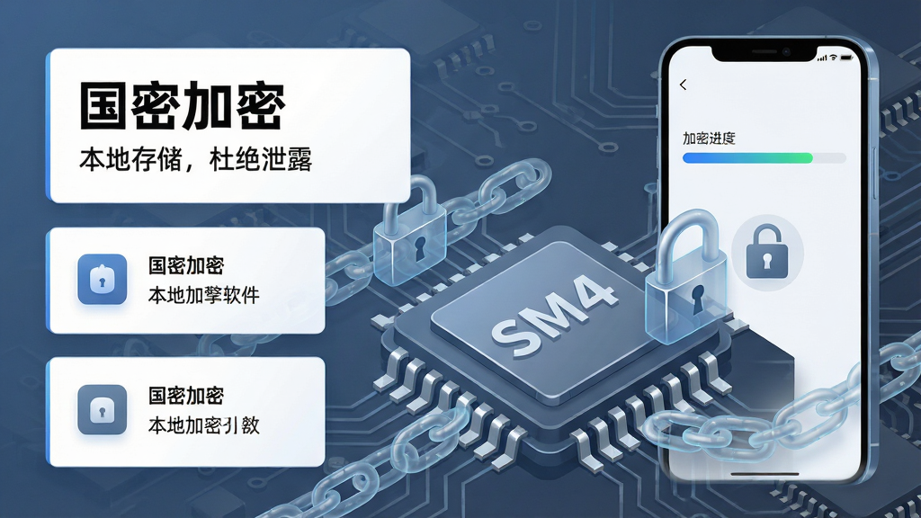 主体:保密管家软件的加密引擎功能预览,前景为放大的芯片模型,芯片表面刻有“SM4”字样,周围环绕数据锁链。布局:左侧为功能说明卡片,右侧为手机界面模拟,展示加密进度条与锁头图标。排版:分栏式布局,文字区域使用白色背景,标题为“国密加密”,副标题“本地存储,杜绝泄露”。风格:科技感插画风,蓝灰主色调,线条锐利。细节:芯片引脚清晰,数据锁链呈半透明状态,背景有电路板纹理。画质:高清晰度,干净,无多余元素。