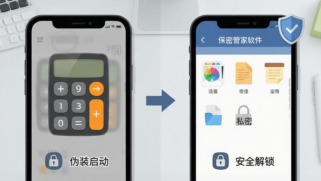 主体:保密管家软件的隐形模式界面演示,前景为两部手机,一部显示计算器图标,另一部显示输入密码后的私密文件列表。布局:左右对比布局,左侧为伪装态,右侧为解锁后状态,中间用箭头连接。排版:图标下方有“伪装启动”“安全解锁”文字说明,背景为浅灰色工作台。风格:扁平化插画风格,色彩清新,重点突出。细节:计算器图标细节真实,解锁后界面展示相册、文档、笔记等分类图标,右上角有盾牌角标。画质:干净,无多余元素。