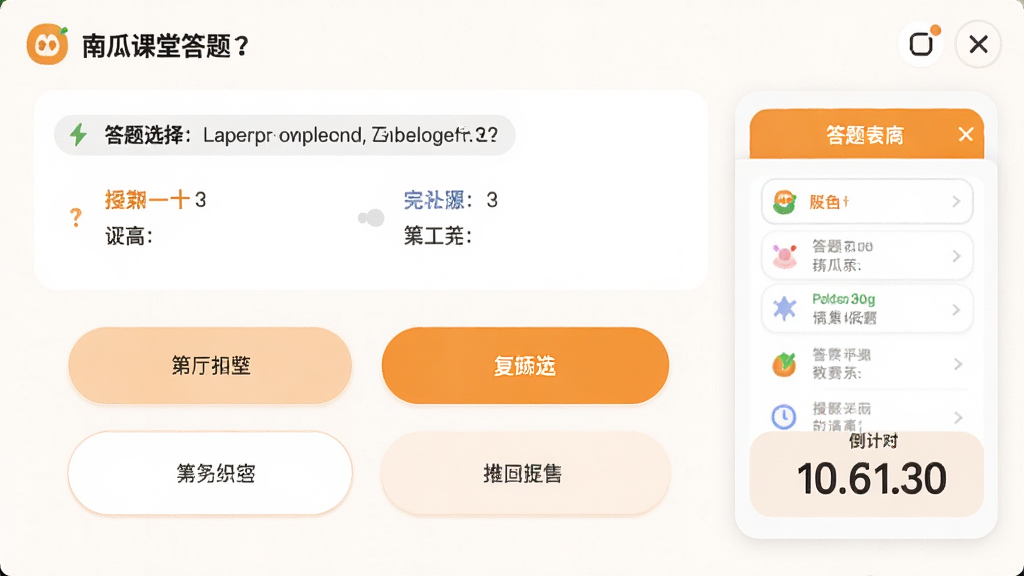 画面主体为南瓜课堂答题界面,上方显示一道选择题,下方有四个选项按钮,右侧有答题卡与倒计时,背景为白色,选项按钮为圆角矩形,选中项以橙色高亮,界面清爽,教育风格,画质高清,无多余元素