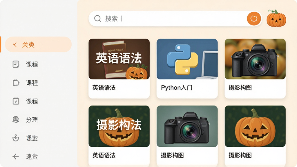 画面主体为南瓜课堂课程列表界面,左侧是分类导航栏,右侧展示多张课程封面缩略图,封面上标有“英语语法”“Python入门”“摄影构图”等字样,顶部搜索框旁有南瓜图标,整体采用浅色背景,卡片式布局,排版整齐,现代简约风格,画质清晰,无多余元素