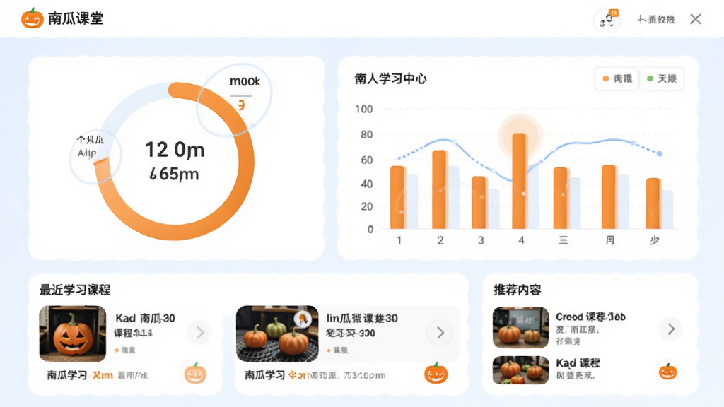 画面主体为南瓜课堂的个人学习中心页面,中央显示环形进度图与柱状统计图,下方列出最近学习的课程卡片与推荐内容,背景为淡蓝色,界面采用数据可视化风格,线条流畅,重点数据用橙色高亮,画质干净,无多余元素