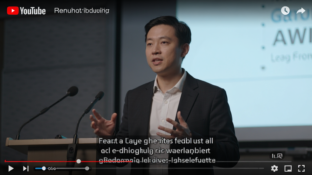 YouTube多语言字幕功能预览,视频播放界面下方显示中英双语字幕,清晰易读,背景为演讲画面,体现翻译的准确性,画质干净,布局合理