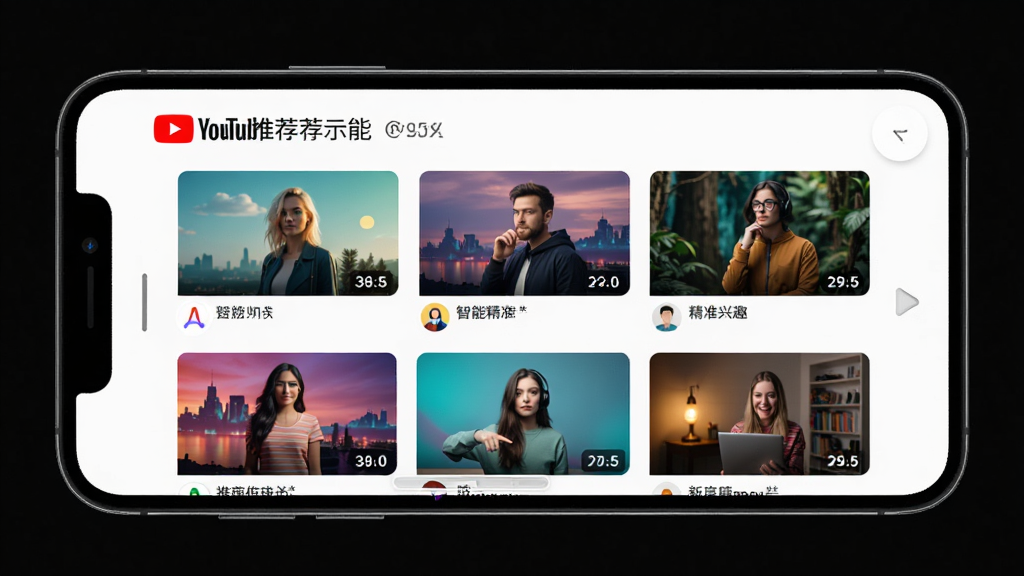 YouTube智能推荐功能示意图,手机屏幕展示个性化推荐列表,包含不同主题的视频缩略图,界面设计流畅,色彩鲜明,突出算法精准匹配用户兴趣,画质清晰,干净整洁