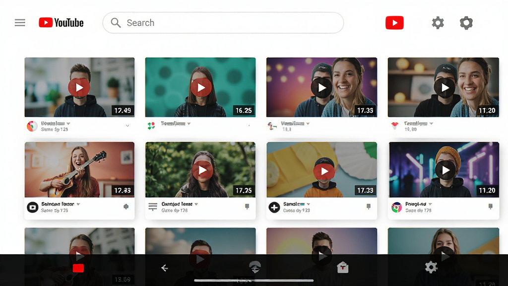 YouTube官方应用主界面截图,展示首页推荐视频流,明亮整洁的UI设计,顶部搜索栏与底部导航栏清晰可见,背景为多彩视频缩略图,整体风格现代简约,高清画质,干净无多余元素