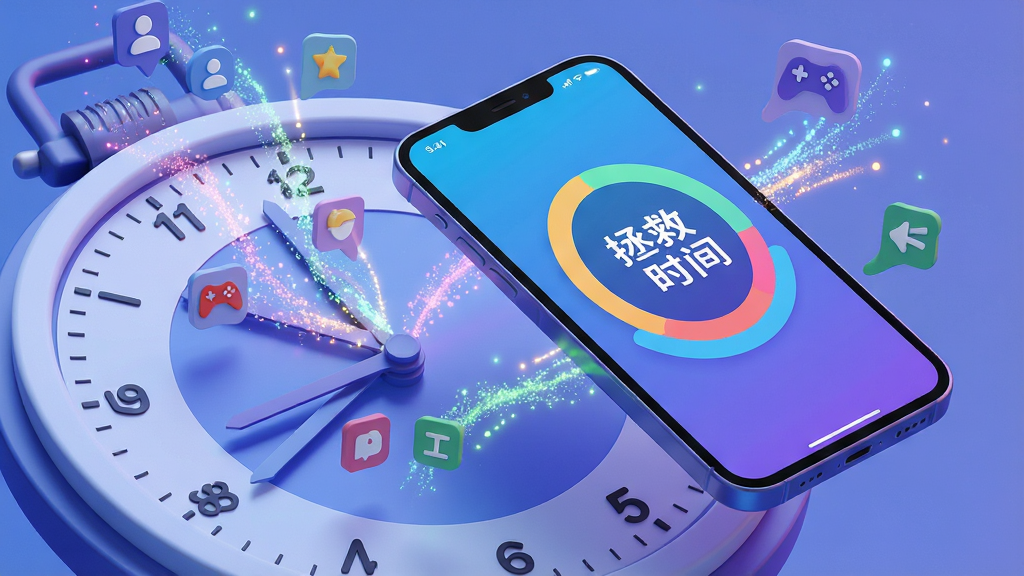 主体:一部亮着屏幕的智能手机悬浮在立体钟表盘之上,屏幕中显示“拯救时间”APP的彩色环形统计图表,手机周围有代表社交、游戏、工作等不同色彩的粒子流注入表盘。布局:手机居中偏右,表盘占据左侧与下方空间,视觉重心平衡。排版:画面干净,无多余文字,仅在手机屏幕中央显示“拯救时间”四个大字。风格:现代扁平化结合轻拟物,色彩明快通透,蓝紫色主调。细节:表盘刻度清晰,粒子流带有微光拖尾效果,展现时间被可视化捕捉的意境。画质:8K超清渲染,细节丰富,干净无多余元素。