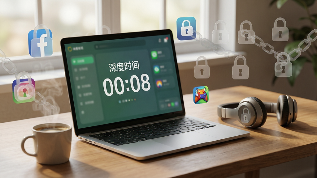 主体:一个木质桌面场景,笔记本电脑屏幕亮着显示“拯救时间”的专注计时界面,桌面上摆放着一杯咖啡和一副耳机,周围漂浮着被半透明锁标记的社交、游戏类应用图标。布局:电脑位于中央偏左,锁定的图标环绕在周围并逐渐淡出,形成视觉引导线。排版:屏幕界面简洁,仅显示“深度专注”和倒计时数字,画面无多余文字。风格:写实摄影风格结合轻微CG特效,色调温暖柔和。细节:咖啡冒着热气,光线自然柔和,锁定图标带有半透明锁链效果。画质:超写实渲染,干净无多余元素。