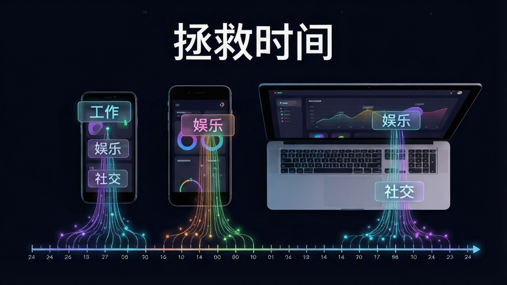 主体:一组手机与电脑并排的俯视图,屏幕表面悬浮着半透明的分类标签,如“工作”、“娱乐”、“社交”,每个标签下延伸出彩色数据流汇聚到底部的时间轴。布局:设备位于画面中央,时间轴横向贯穿底部,数据流呈瀑布状落下,层次分明。排版:画面上方留白,仅显示“拯救时间”字样,设备屏幕中显示简化图表界面。风格:科技感信息图风格,深色背景配霓虹色线条。细节:时间轴标注24小时刻度,数据流带有微弱光点,展现自动追踪的全面性。画质:高分辨率,细节锐利,干净无多余元素。