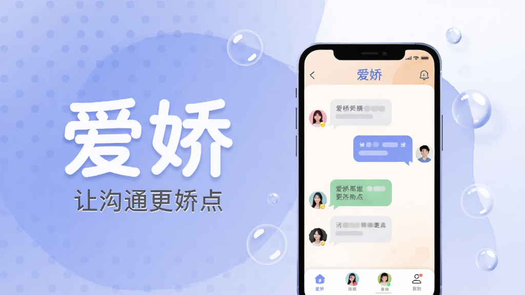 主体:一款名为“爱娇”的手机社交APP的官方宣传主视觉图,画面中央是一部亮屏的智能手机,屏幕上展示着爱娇APP的聊天主界面,界面顶部显示“爱娇”字样,下方有对话气泡、好友头像和底部的功能图标;布局:手机位于画面中心偏右,左侧和上方留白,背景是柔和的渐变蓝紫色,带有淡淡的圆点装饰和漂浮的气泡图形,营造出轻松社交氛围;排版:主标题“爱娇”以圆润的白色艺术字置于手机上方,副标题“让沟通更娇点”以较小的灰色字排在下方;风格:现代扁平插画风,色彩明快温馨,光影柔和,画质高清干净,无多余元素