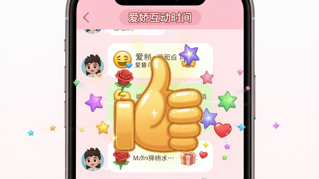 主体:爱娇APP的聊天对话界面,显示两个卡通人物互发表情包和虚拟礼物(玫瑰花、爱心),屏幕中央有一个大大的金色点赞手势特效,周围飞散着彩色星星;布局:以手机界面为画框,聊天背景是淡粉色,气泡和特效分布在屏幕中下部;排版:顶部有“爱娇互动时间”字样,风格:2D卡通渲染,色彩鲜艳活泼,细节丰富,画质干净