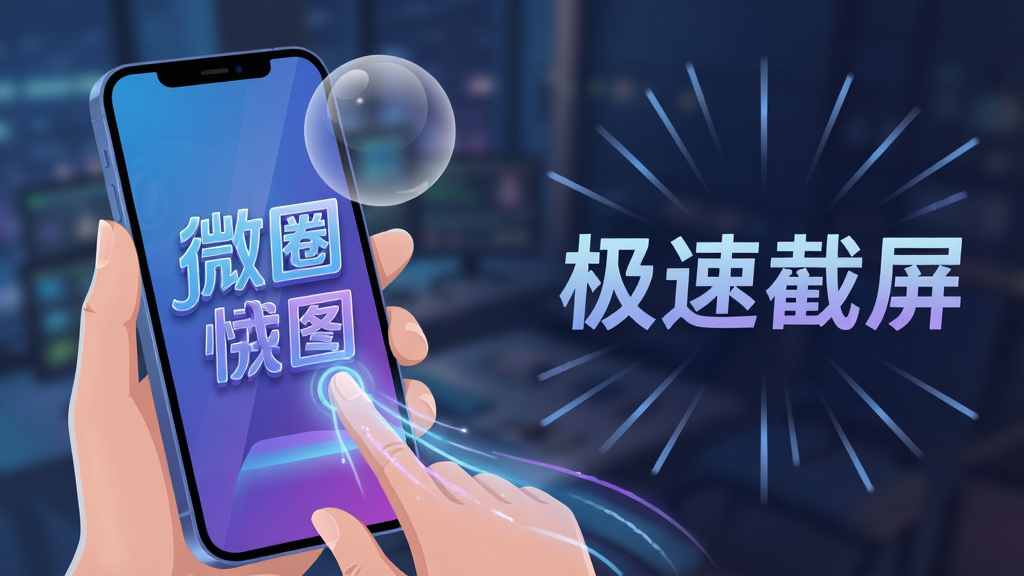 主体:一只手握住手机,屏幕边缘出现一个半透明的悬浮球,手指正点击它并伴有光束特效。布局:手机位于画面左侧,右侧以放射状线条展示“极速截屏”四个字。排版:画面干净,核心文字“微圈快截图”以艺术字形式出现在手机屏幕中央。风格:科技感插画风格,蓝色与紫色渐变光效。细节:强调触发速度,用流线型光轨表示快捷操作,背景虚化处理,画质干净无多余元素。