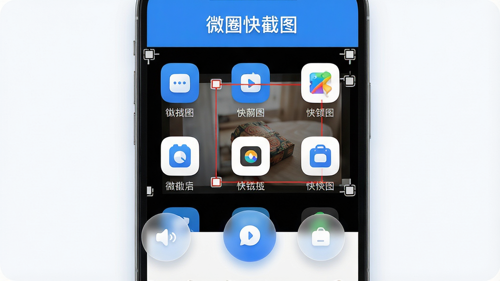 主体:一款名为“微圈快截图”的智能手机应用界面悬浮在干净背景中央,屏幕内展示着清晰的功能图标排列。布局:应用主界面居中,下方悬浮着几个半透明的圆形操作按钮,整体构图平衡。排版:界面中的文字标签清晰标注“微圈快截图”,功能图标下方有中文小字说明。风格:现代扁平化结合轻微拟物阴影,色彩明快以蓝白为主色调。细节:手机屏幕中显示一张被截图并带有红色矩形标注框的图片,边缘有裁剪手柄,画质高清细腻,干净无多余元素。
