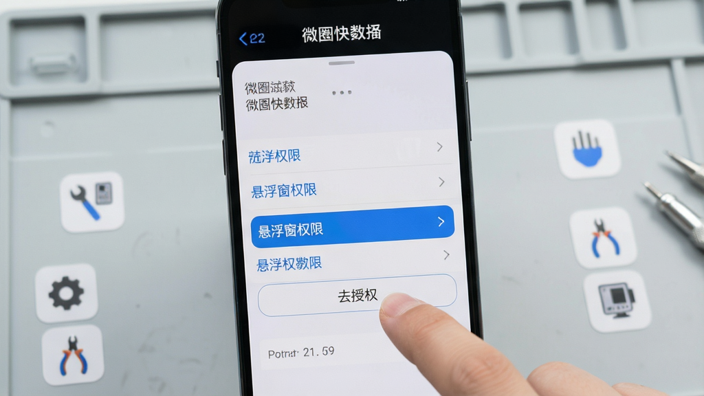 主体:一张智能手机屏幕特写,屏幕上显示微圈快截图的设置界面,其中“悬浮窗权限”选项高亮。布局:手机竖屏居中,背景为浅灰色工作台,旁边散落着几个小工具图标。排版:界面文字清晰可见,重点条目用蓝色字体标注。风格:实拍照片风格,光线柔和。细节:手指正点击屏幕上的“去授权”按钮,画质高清,干净无多余元素。