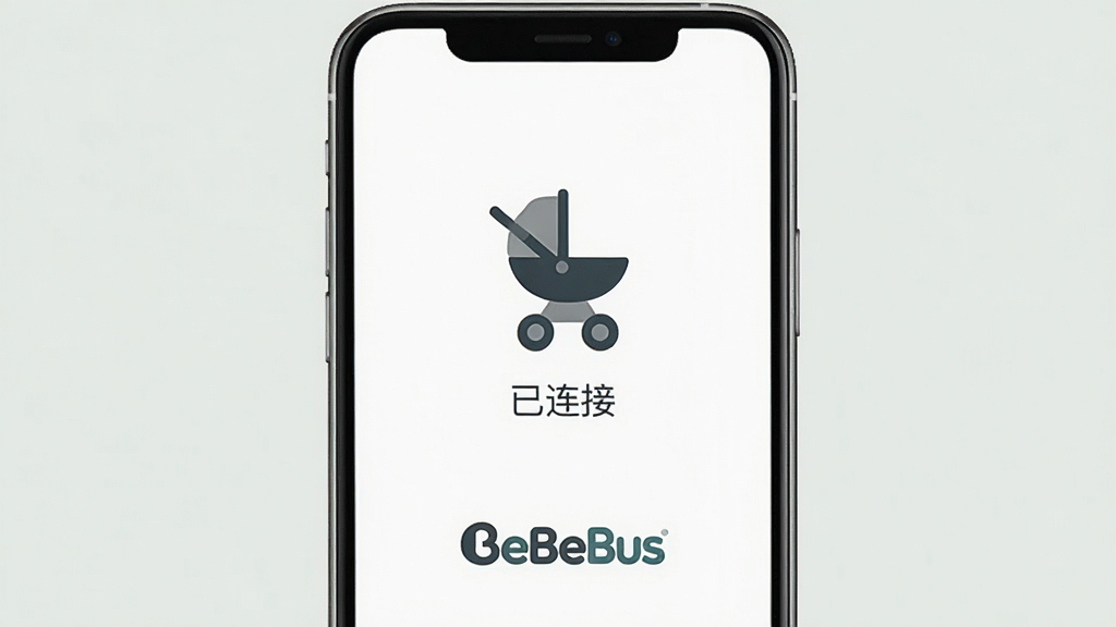 一张手机截图风格的图片,显示BeBeBus软件连接设备的成功界面,手机屏幕中有一个婴儿车图标和“已连接”文字,下方有“BeBeBus”的logo,背景为简洁的纯色,画质清晰,干净无多余元素