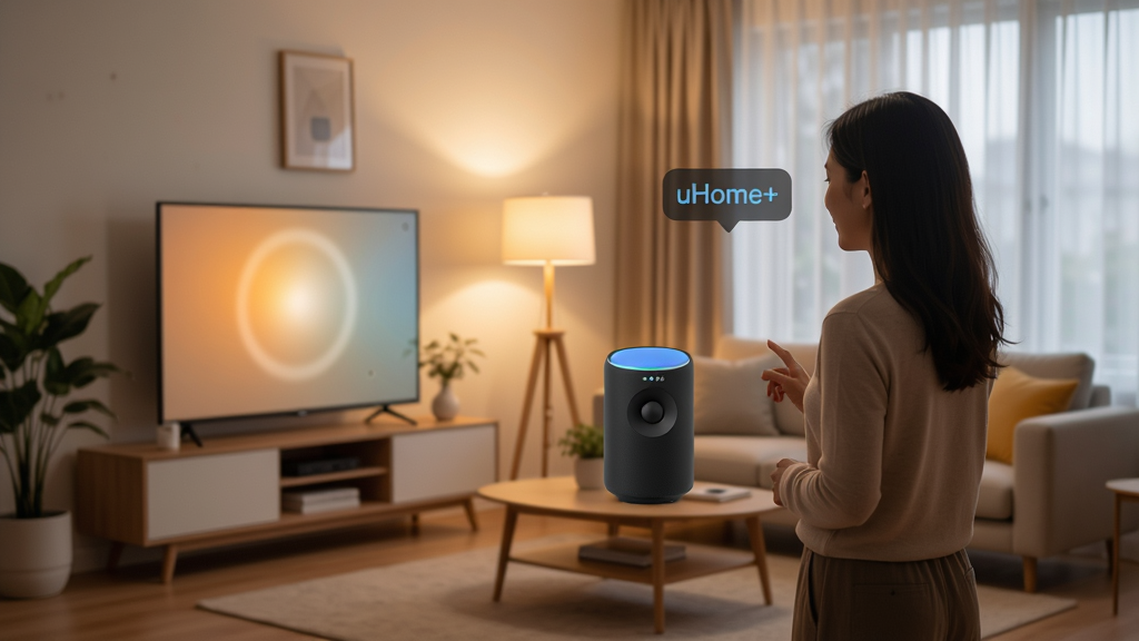 uHome+语音控制功能展示,用户对着智能音箱说出指令,室内灯光随之变化,背景为现代简约客厅,暖色调灯光,布局温馨,排版生动,风格写实,细节丰富,画质高清干净无多余元素