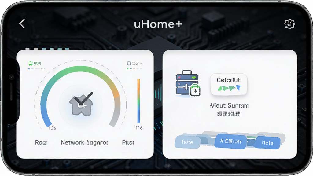 uHome+在手机上运行的性能优化界面,显示网络诊断和缓存清理功能,背景为深色科技纹理,布局简洁,风格现代,细节清晰,画质高清干净无多余元素