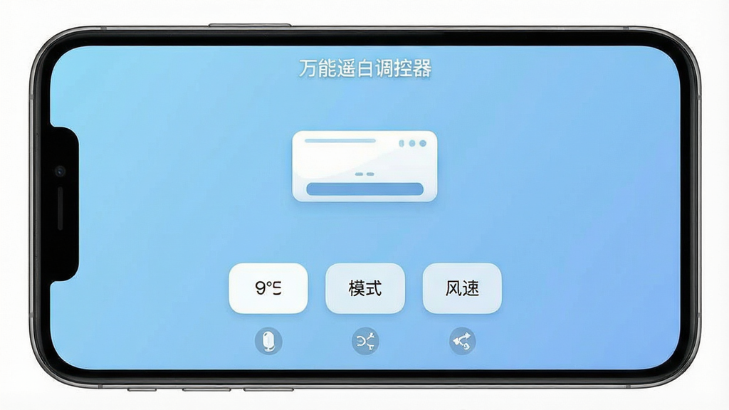 一张高清手机截图,展示“万能遥空调控器”主界面,背景为浅蓝色渐变,界面中央有一台白色空调的图标,下方排列着温度、模式、风速等控制按钮,布局清晰,风格简约现代,画质干净,无多余元素