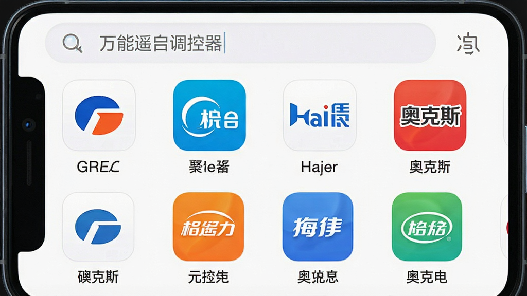 一张手机屏幕截图,显示“万能遥空调控器”的品牌选择列表,页面上方有搜索框,下方罗列着格力、美的、海尔、奥克斯等品牌图标,每个图标下方有对应名称,整体排版清爽,网格布局,图标色彩鲜明,背景为白色,画质干净,无多余元素