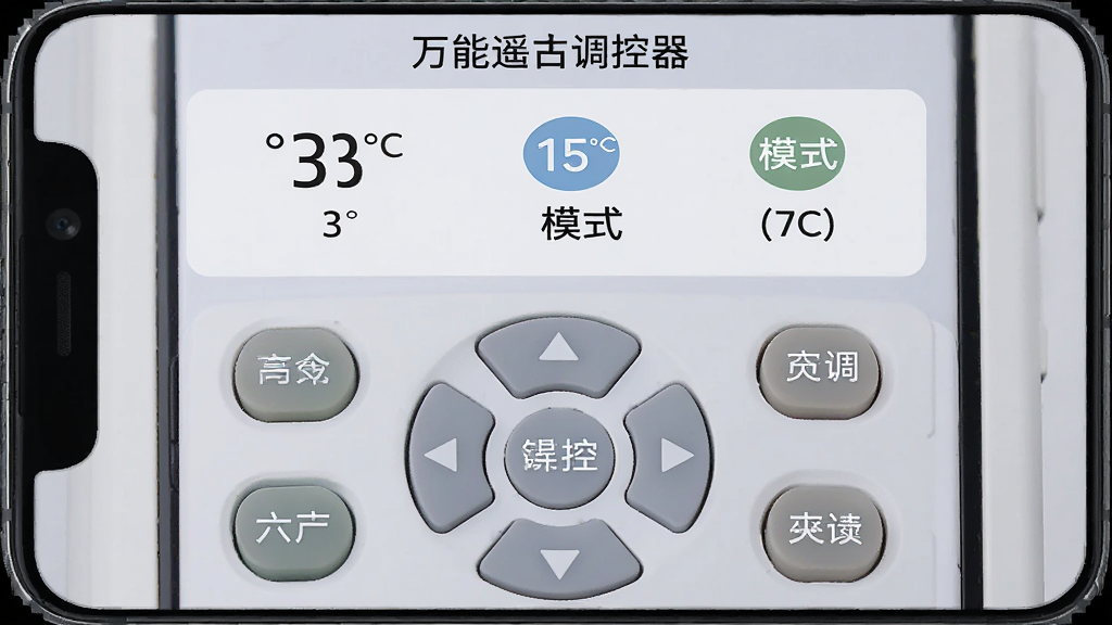 一张手机屏幕截图,画面显示“万能遥空调控器”的遥控操作面板,上半部分为空调运行状态显示区(温度、模式图标),下半部分为圆形方向键和功能按键,布局类似传统遥控器,按键上有清晰的文字标识,色彩柔和,背景为淡灰色,画质干净,无多余元素
