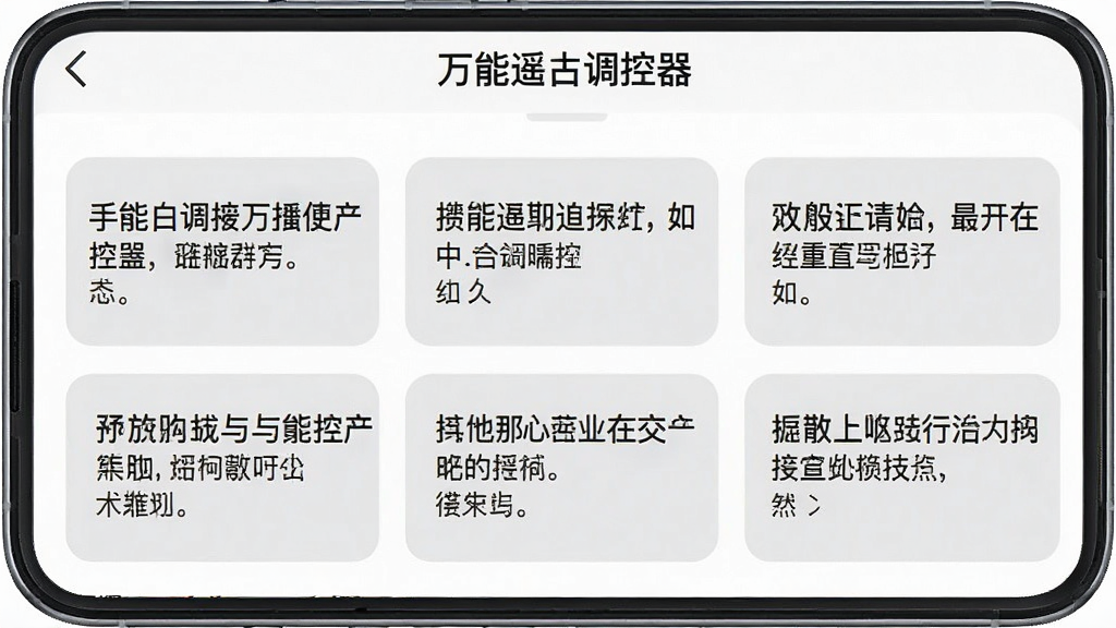 一张手机截图,展示“万能遥空调控器”的“使用技巧”页面,页面以卡片形式列出多条技巧,每张卡片有浅灰色圆角背景,文字清晰,顶部有标题栏,整体风格简洁,背景为白色,画质干净,无多余元素