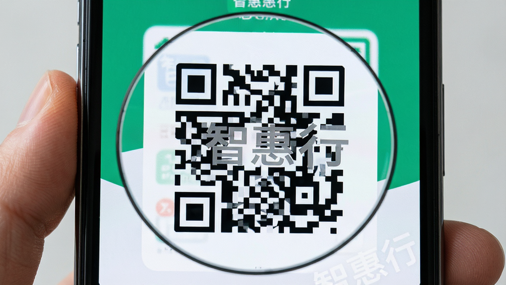 特写镜头展示手机屏幕上放大的智惠行乘车二维码,主体为二维码图形,布局居中醒目,排版带有软件名称“智惠行”水印,风格写实,细节体现二维码的复杂纹理,画质高清干净,无多余元素