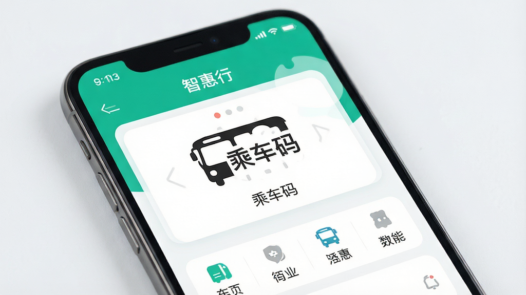 一幅展示智能手机屏幕上的智惠行App界面的高清图片,主体为App主界面,布局清晰展示公交乘车码与功能菜单,排版简洁现代,风格明亮清新,细节包括界面文字“智惠行”与“乘车码”,画质细腻干净,无多余元素
