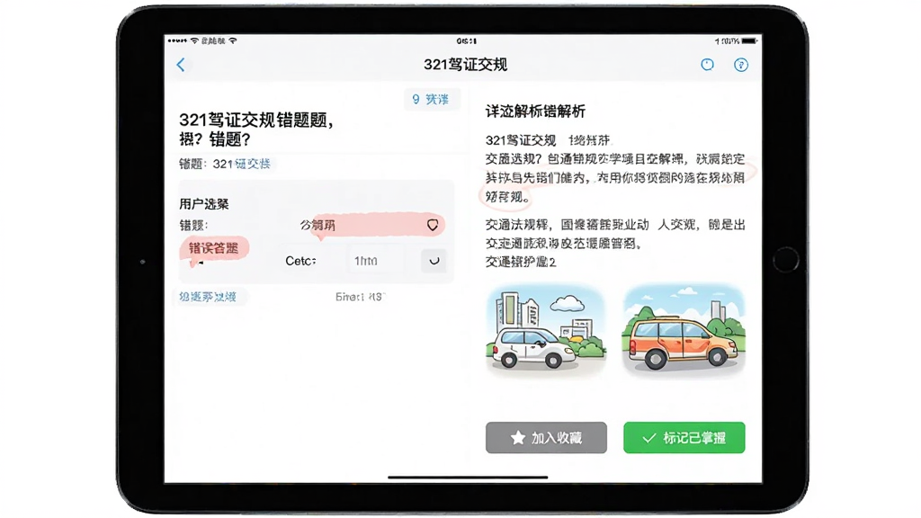 平板电脑横向展示“321驾证交规”的错题解析界面,左侧是错题题目与用户选择的错误答案(红色标记),右侧是详细的文字解析与相关的交通法规插图,下方有“加入收藏”和“标记已掌握”两个功能按钮,界面布局合理,信息层级分明,画质干净