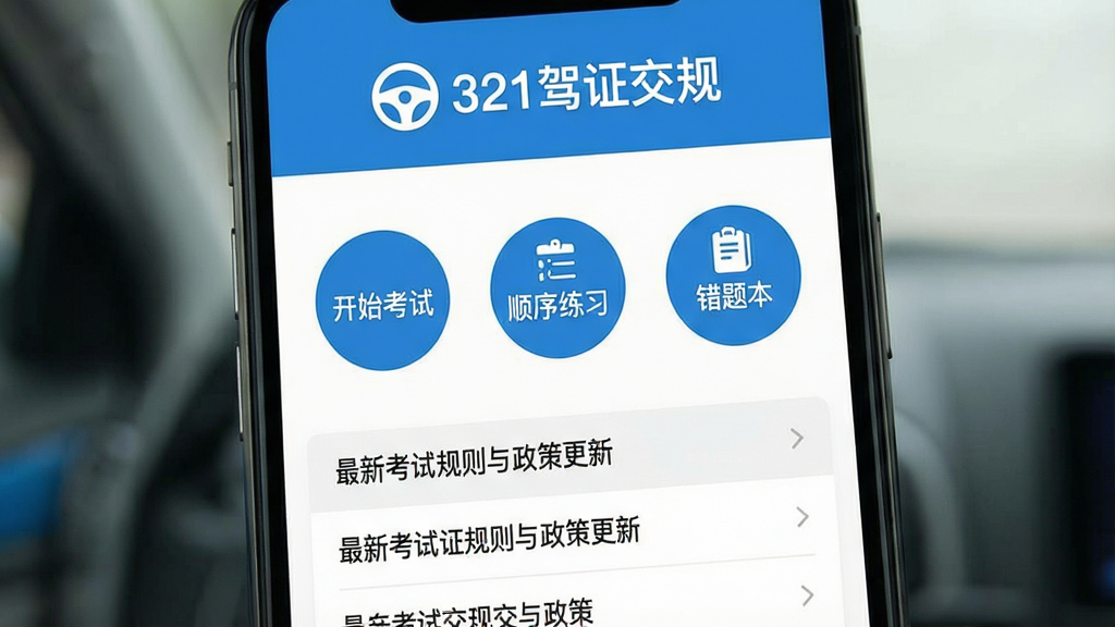 321驾证交规应用主界面预览图,智能手机竖屏显示,界面以清爽的蓝白配色为主,顶部显示“321驾证交规”字样与方向盘图标,中间为“开始考试”、“顺序练习”、“错题本”三个醒目圆形功能按钮,下方列表展示最新的考试规则与政策更新条目,整体风格扁平化设计,画质干净清晰,无多余元素