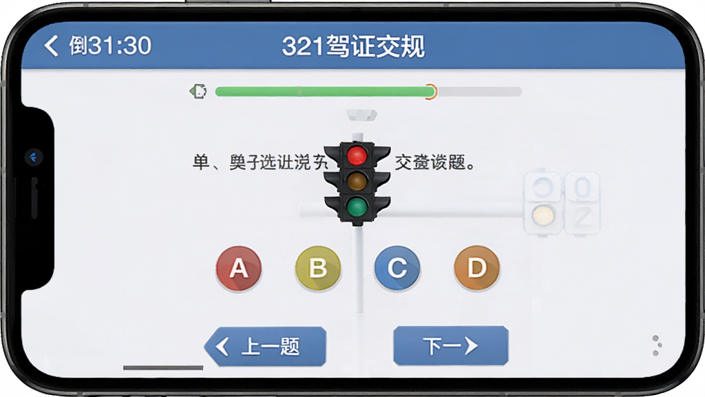 手机屏幕展示“321驾证交规”的全真模拟考试答题页面,顶部有倒计时与答题进度条,中央是一道关于交通信号灯的单选题,四个选项为A、B、C、D的圆形按钮,底部有上一题和下一题的导航键,界面风格写实,模拟真实考试场景,画面干净无多余元素