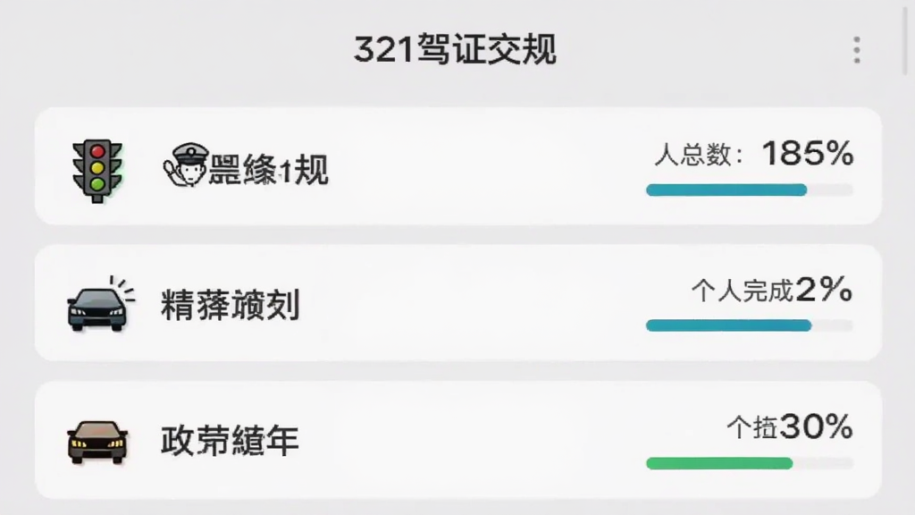 手机截屏展示“321驾证交规”的专项练习选择界面,以列表形式展现,每个专项名称前有对应的彩色小图标,如红绿灯、交警简笔画、汽车前灯等,右侧显示该专项的题目总数与个人完成进度百分比,背景为淡灰色,卡片式设计,简洁明快,无多余元素