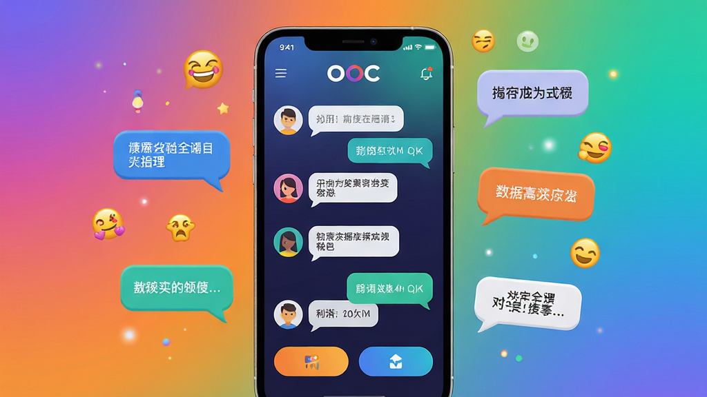 主体:OOC应用界面展示,手机屏幕显示多种聊天角色头像和对话气泡。布局:手机居中,背景为渐变色,周围有漂浮的聊天气泡和表情符号。排版:手机界面清晰显示“OOC”Logo和功能按钮。风格:现代扁平化设计,色彩明亮活泼。细节:高分辨率,界面元素精致,气泡内文字清晰。画质:4K超清,干净,无多余元素。