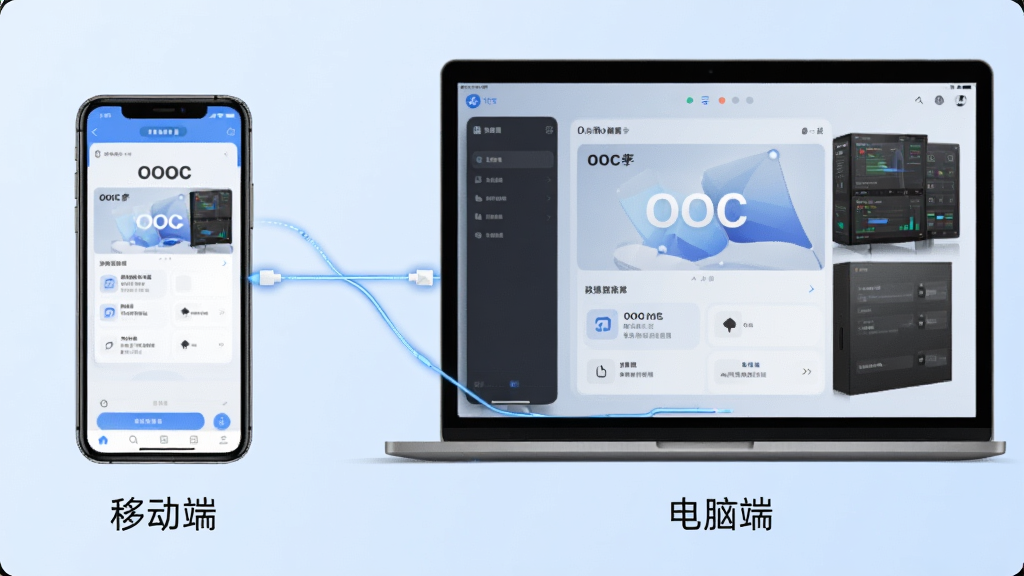 主体:OOC应用在手机和电脑上的使用场景,手机和电脑屏幕均显示OOC界面。布局:左侧手机,右侧电脑,中间有连线表示数据同步。排版:设备下方有“移动端”和“电脑端”文字标注。风格:写实科技感,背景为浅蓝色。细节:屏幕内容清晰可见,操作流畅。画质:高分辨率,干净,无多余元素。