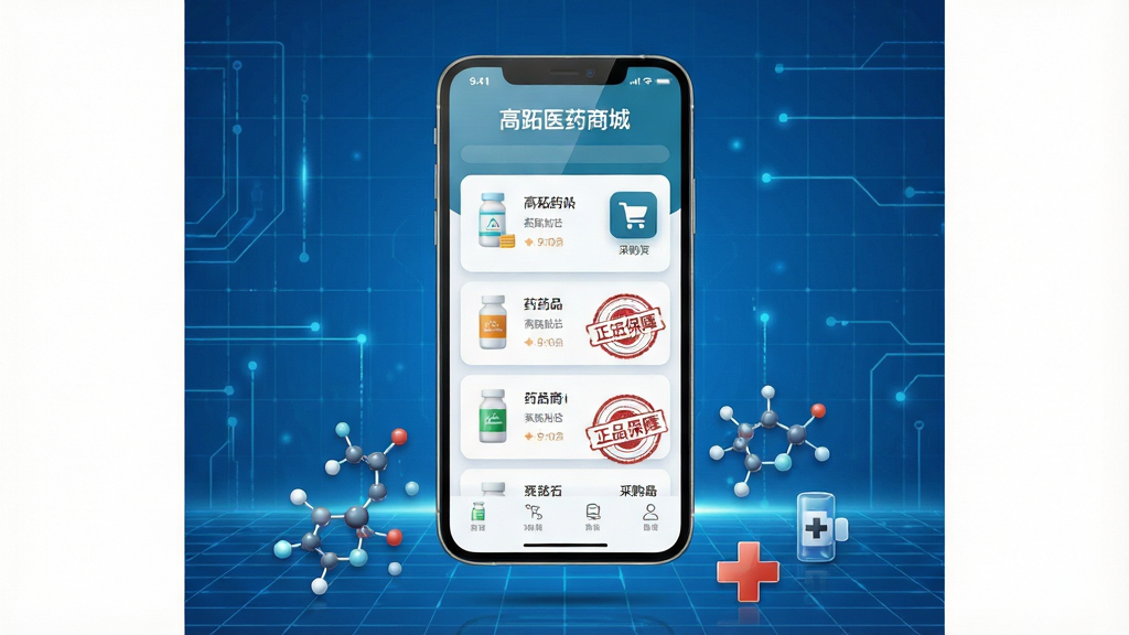 画面主体为一部悬浮在蓝色科技网格背景上的智能手机,屏幕中清晰显示“高跖医药商城”APP界面,界面内有药品列表、采购车图标与“正品保障”印章字样。布局采用手机居中、四周留白,下方环绕分子结构、十字标志等医药元素。排版简洁大气,整体风格为现代商务科技感,细节包含屏幕反光、界面圆角卡片阴影。画质采用8K超清渲染,画面干净,无多余杂物。