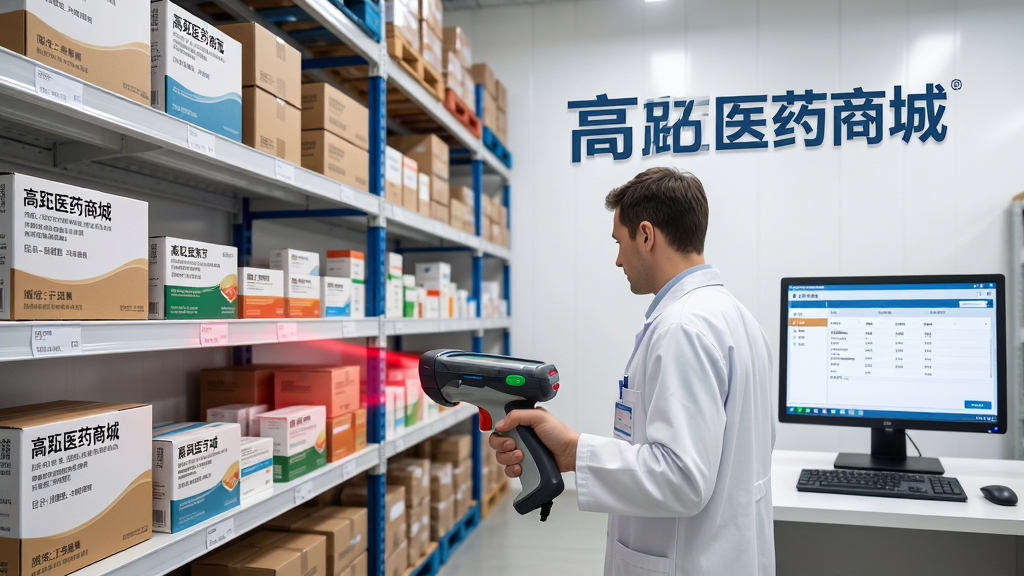 画面主体为“高跖医药商城”品牌标识下的药品仓库内景,货架上整齐码放各类药品纸箱,近景处一位穿白大褂的工作人员手持PDA扫描枪正在扫码核验。布局采用三分法构图,左侧为高耸货架,右侧为操作台与电脑屏幕显示采购订单。排版规整,风格写实明亮,细节包含药品包装上的文字标签、扫码枪红色扫描光束。画质高清锐利,画面干净无多余元素。