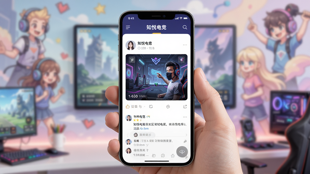 手机屏幕展示“知悦电竞”社区页面,有用户动态卡片和评论区域,背景是色彩柔和的电竞插画墙,整体氛围轻松活泼,构图以手机为中心,光线明亮,画质高清