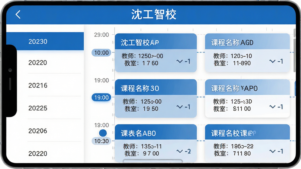 主体:沈工智校APP的课表功能界面,显示周课表详情。布局:左侧为日期导航,右侧为课程卡片列表,顶部有“沈工智校”字样。排版:信息层级分明,课程卡片显示课程名称、教师、教室。风格:简洁商务风,蓝白配色,清晰易读。细节:课程时间轴清晰,当前时间段高亮显示。画质:高清,干净,无多余元素。