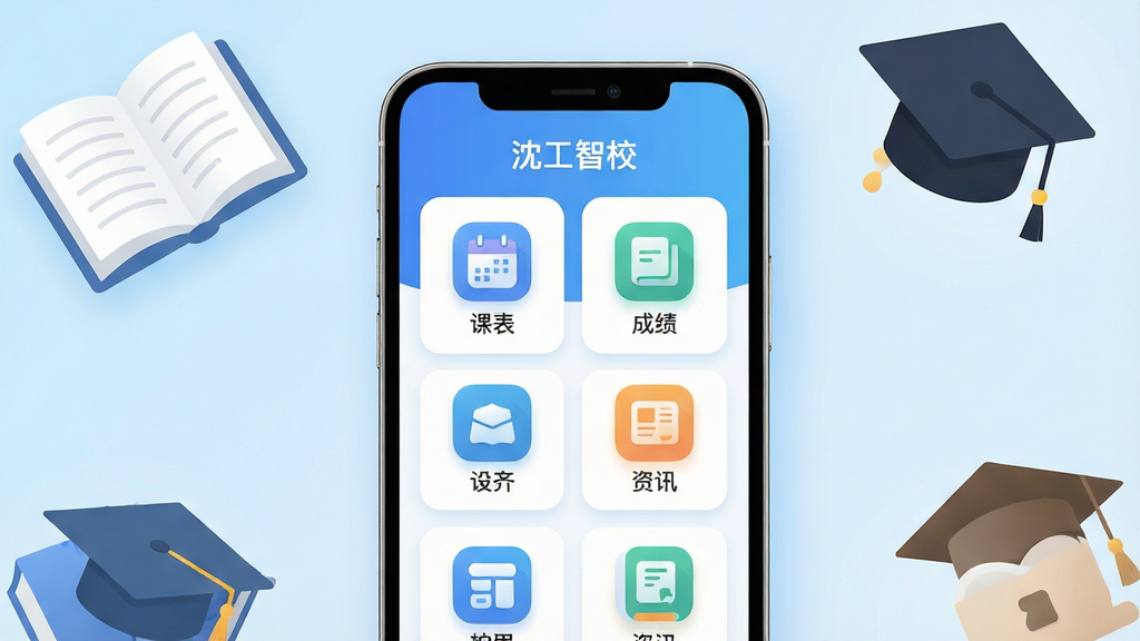 主体:沈工智校APP界面展示,手机屏幕显示校园服务主页面,包含课表、成绩、资讯等图标。布局:手机居中,背景为淡蓝色渐变,周围有书本、学士帽等校园元素点缀。排版:现代简约风格,界面卡片式布局,图标圆润。风格:清新明亮,科技感强,扁平化设计。细节:屏幕内容清晰显示“沈工智校”字样,图标排列整齐,色彩搭配舒适。画质:高清渲染,干净,无多余元素。