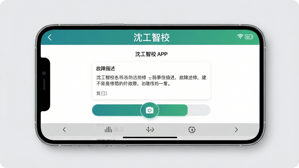主体:手机横屏显示沈工智校APP的报修界面,有拍照上传按钮和进度条。布局:界面下方有虚拟按键,背景为淡灰色。排版:清晰的表单结构,提示文字居中。风格:写实摄影风格,光线柔和。细节:报修单上写有“沈工智校”字样,故障描述文字清晰。画质:高清细节丰富,干净无多余元素。