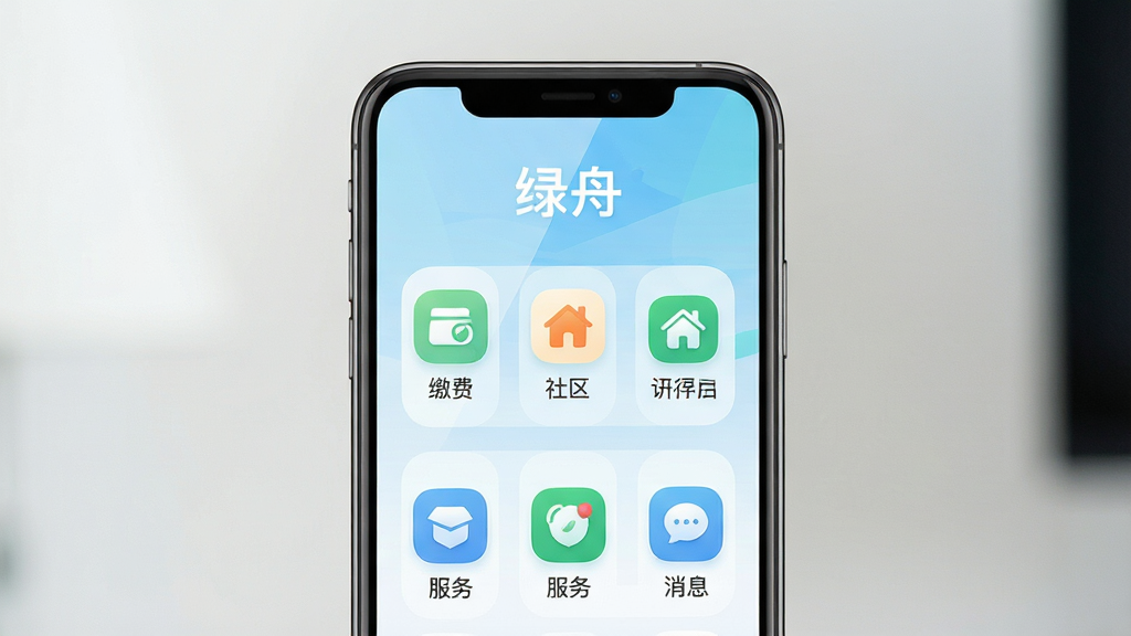 主体:智能手机屏幕显示绿舟App主界面,界面风格现代简约,功能图标整齐排列,背景为淡蓝色渐变,象征科技与清爽。布局:手机居中,屏幕内容清晰可见,四周留白适当,突出App界面。排版:界面采用网格布局,上方为“绿舟”品牌字样,下方为功能图标与文字标签。风格:扁平化设计,UI元素圆润,色彩明亮,符合生活服务类应用气质。细节:图标包含缴费、社区、服务、消息等,屏幕反光自然,画质干净清晰,无多余元素。