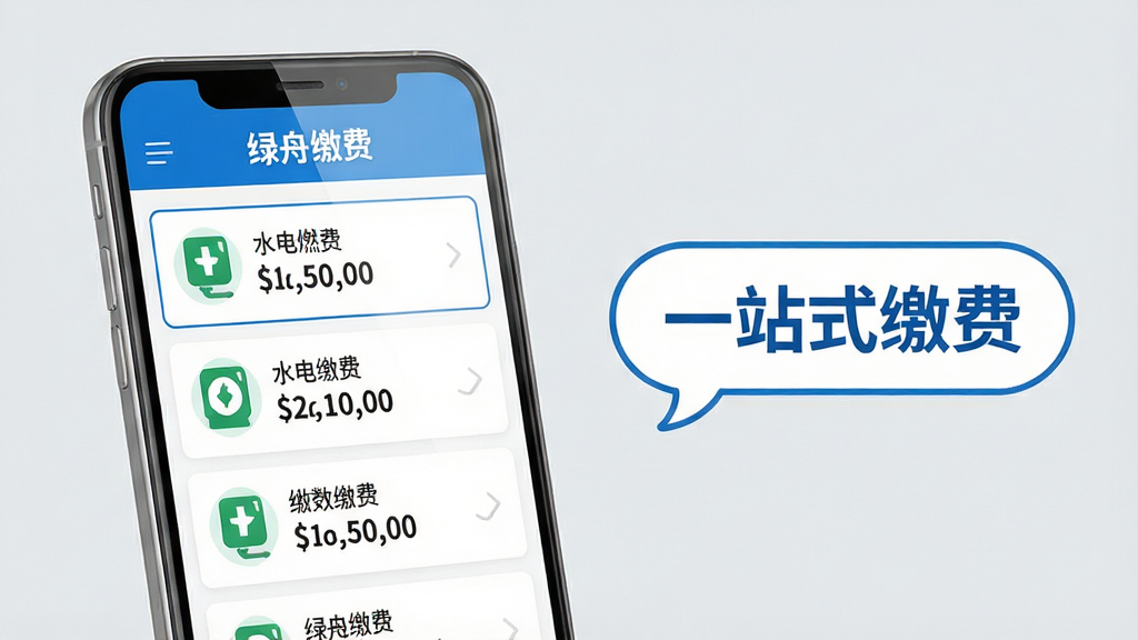 主体:绿舟App缴费页面展示,手机屏幕显示水电燃气缴费列表。布局:手机位于画面左侧,右侧配以简洁的文字说明气泡,强调“一站式缴费”。排版:页面列表清晰,每项缴费均配有对应图标与金额,顶部有“绿舟缴费”字样。风格:界面清爽,白底蓝边,数据字体醒目,整体给人高效、可靠的感觉。细节:手机屏幕反光自然,背景为浅灰色,突出主体,画质干净清晰,无多余元素。