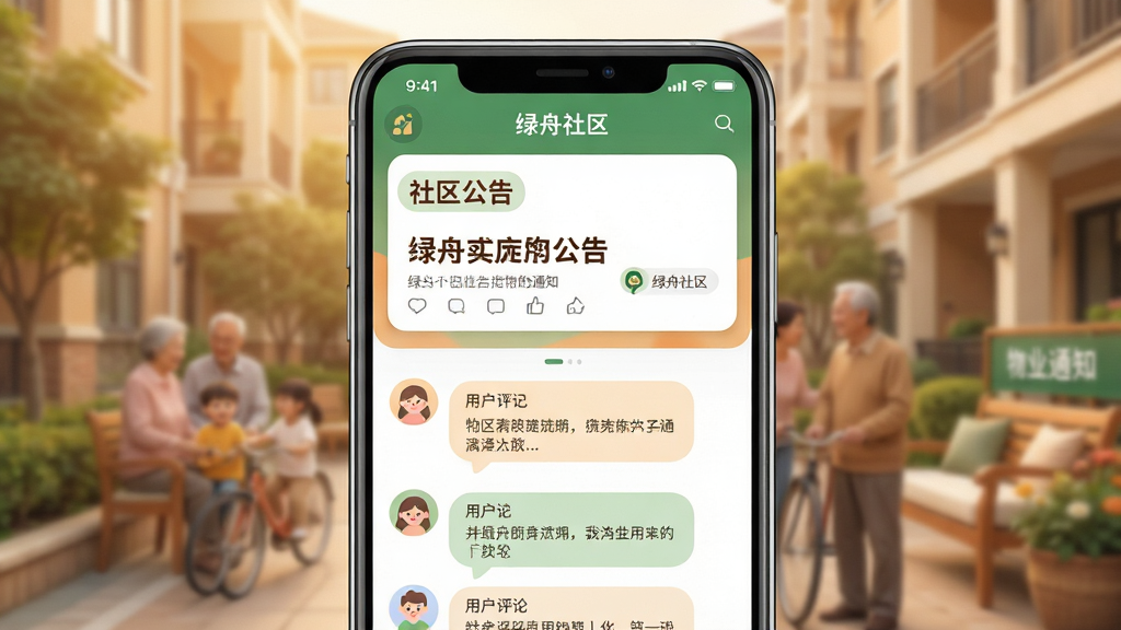 主体:绿舟App社区互动界面,展示一条物业通知与用户评论。布局:手机屏幕居中,上方为“社区公告”栏,下方为互动留言区,背景为暖色调社区照片模糊处理。排版:公告标题加粗,留言以气泡形式呈现,整体清晰有序。风格:温馨亲民,图标可爱,色彩柔和,体现社区归属感。细节:手机屏幕显示“绿舟社区”字样,画质干净,无多余元素。