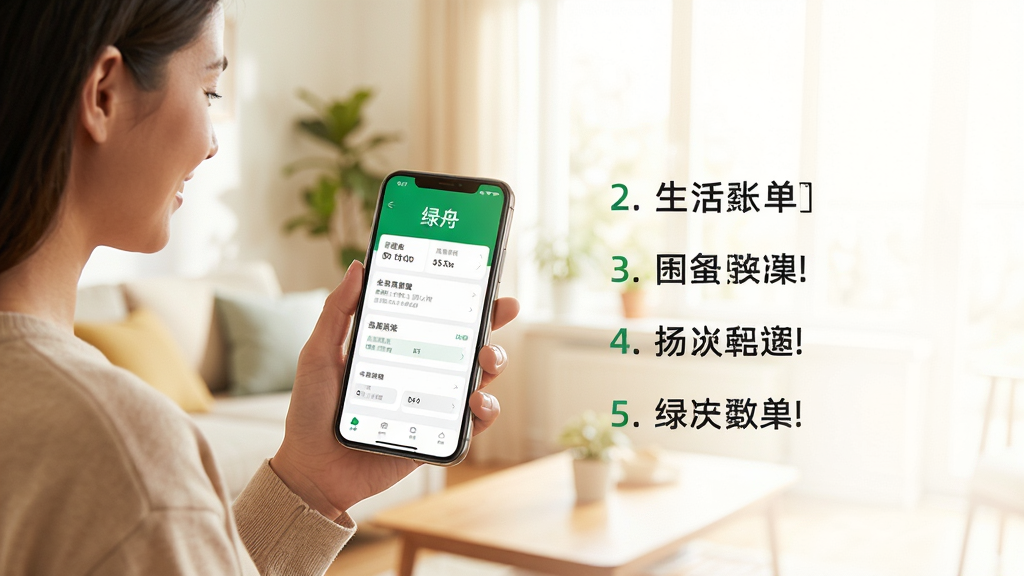 主体:绿舟App使用场景示意图,用户手持手机查看生活缴费账单。布局:人物位于画面一侧,手机屏幕显示“绿舟”界面,另一侧为简洁的步骤说明文字,整体平衡。排版:说明文字采用序号列表,字体清晰,背景为明亮的生活场景。风格:真实生活风格,人物穿着日常服装,色调温暖明亮。细节:手机屏幕清晰展示绿舟界面,画质高,干净无多余元素。