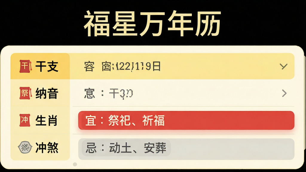 主体:福星万年历功能界面,展开显示农历信息面板,包含“干支、纳音、生肖、冲煞”等文字条目;布局:上下结构,上部为日期大标题,下部为信息列表;排版:信息分栏排列,左侧标签右侧内容;风格:扁平化设计,色彩清新,以浅黄色和米白色为主;细节:界面中“宜:祭祀、祈福”用红色突出,“忌:动土、安葬”用灰色显示,每个条目配有简洁小图标;画质:高清细节丰富,干净无多余元素。