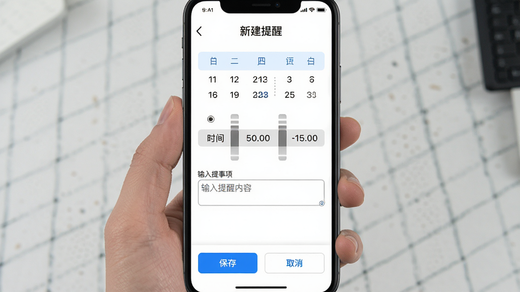 主体:福星万年历的提醒设置界面,展示添加提醒的编辑页面;布局:居中,界面包含日期选择器、时间滚动条和提醒事项输入框;排版:表单样式,从上到下排列;风格:简约现代,白色背景搭配蓝色主按钮;细节:屏幕上方显示“新建提醒”标题,输入框内有“输入提醒内容”的灰色提示字,底部有“保存”和“取消”按钮;画质:真实UI截图风格,干净清晰无多余元素。