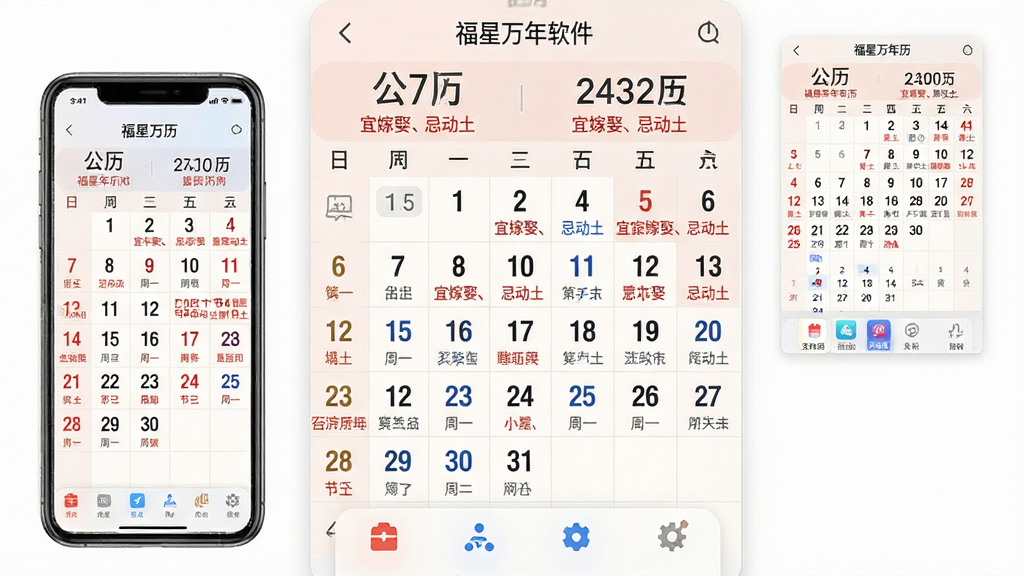 主体:福星万年历软件界面展示,主界面呈现日历网格,顶部显示公历与农历日期,日期下方有“宜嫁娶、忌动土”等红色小字标注;布局:居中构图,界面完整清晰,四周留白;排版:竖版手机界面为主,辅以桌面日历小插件;风格:写实,干净明亮,色彩柔和,突出日期数字与提示文字;细节:屏幕内日期数字清晰可读,红色标注节日,蓝色标注节气,界面下方有功能图标栏;画质:4K超清,干净无多余元素,无文字水印。