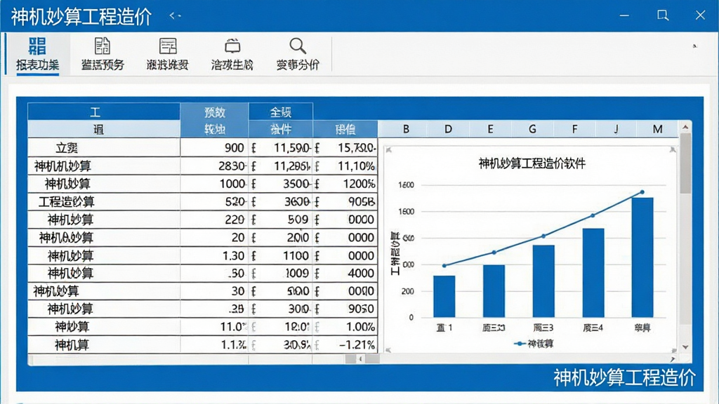 主体:神机妙算工程造价软件生成的报表预览,显示表格与图表。布局:上方为报表功能菜单,下方为表格数据。排版:表格行清晰,数据对齐。风格:商务简洁风格,白色背景,蓝色边框。细节:报表角落标注“神机妙算工程造价”字样。画质:清晰锐利,排版整齐,无多余元素。