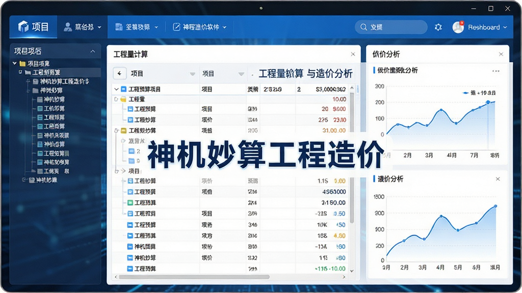 主体:神机妙算工程造价软件的主界面,展示工程预算项目列表与造价分析图表。布局:左侧为项目树状导航,右侧为工程量计算表格与数据可视化看板。排版:清晰分区,顶部功能栏,中部数据展示区。风格:现代商务科技感,蓝白色调,界面整洁明亮。细节:屏幕中显示“神机妙算工程造价”字样与造价数据曲线图。画质:高清渲染,干净无多余元素。
