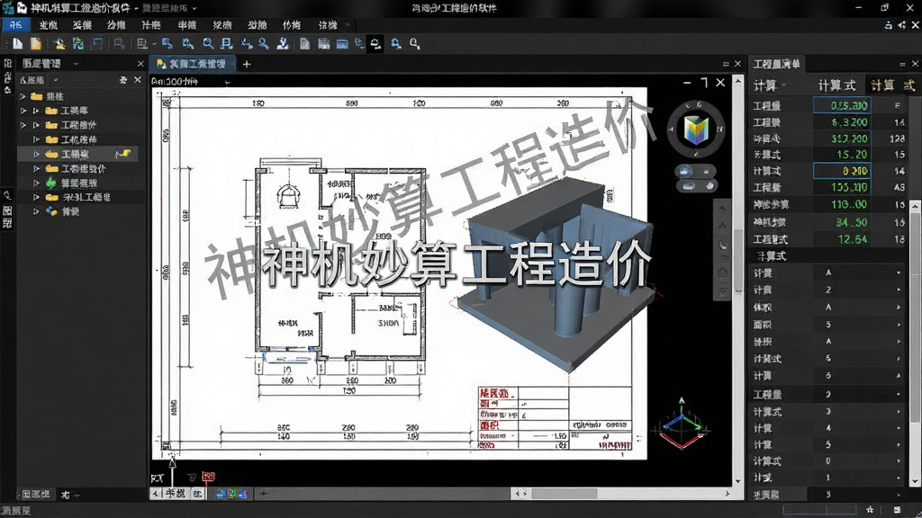 主体:神机妙算工程造价软件的算量操作界面,显示CAD图纸与三维模型。布局:左侧为图层管理,右侧为工程量清单与计算式。排版:图纸居中,数据辅助显示。风格:专业工程软件风格,深色背景搭配高亮数据。细节:图纸上标注“神机妙算工程造价”水印,并显示体积、面积等数值。画质:高清晰度,细节丰富,无多余装饰。